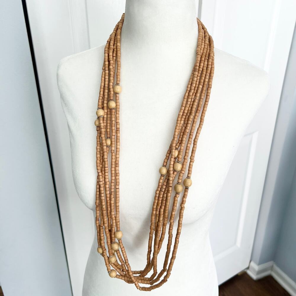 New Shine Tan Beaded Multistrand Earthy Tropical Beachy Statement Necklace